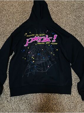 Black Crewneck Hoodie with Pink 'pow!' Spiderweb Graphic